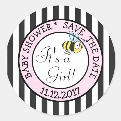 Save the Date Bee Its a Girl Baby Shower Sticker