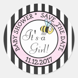 Save the Date, Bee Its a Girl Baby Shower Sticker