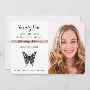 Save The Date Birthday Black White Butterfly Photo