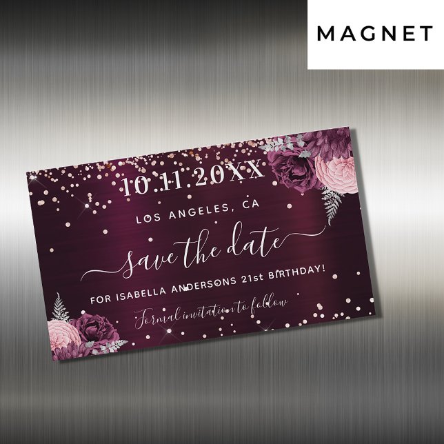 Save the date birthday burgundy floral magnet (Creator Uploaded)