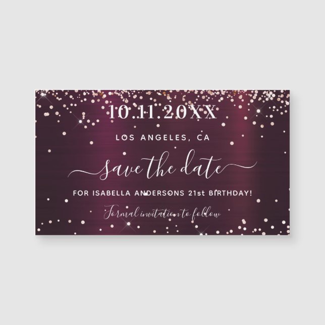 Save the date birthday burgundy sparkles magnet (Front)