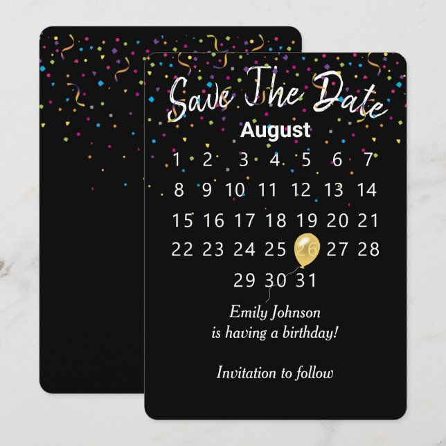 Save the Date Birthday Party Calendar  Invitation (Front/Back)