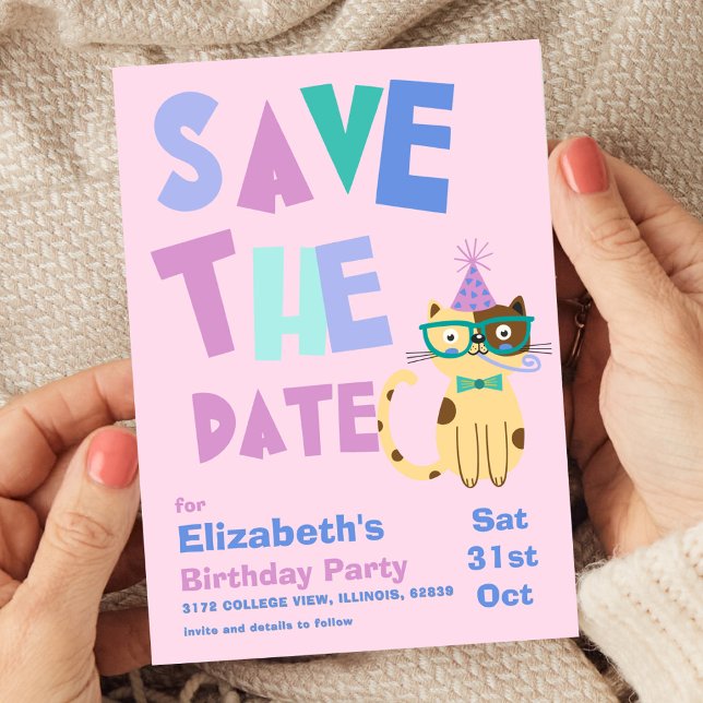 Save the Date Birthday Party Cute Cat Kids Party Invitation (Creator Uploaded)