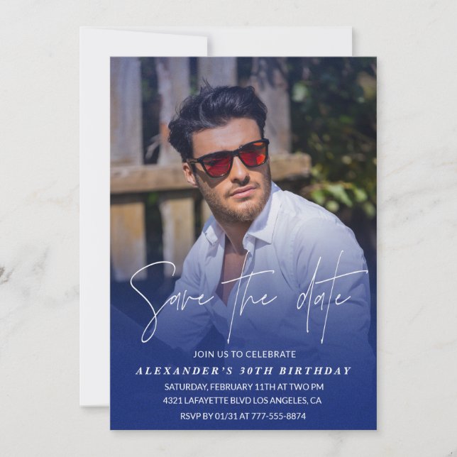 Save the date Birthday Party Photo Navy blue Invitation (Front)