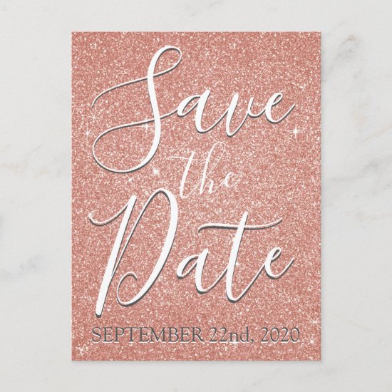 Save the Date Birthday Rose Gold Pink Glitter Announcement Postcard
