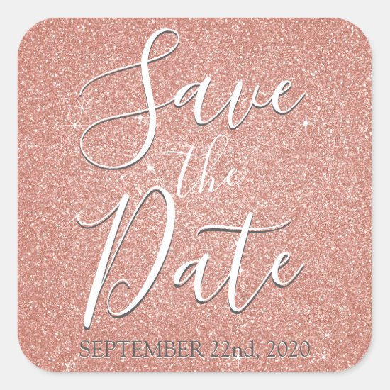 Save the Date Birthday Rose Gold Pink Glitter Square Sticker
