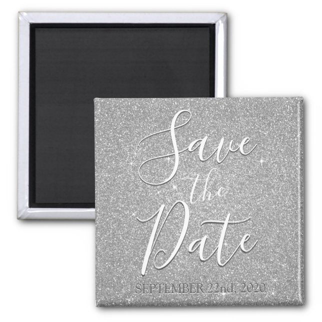 Save the Date Birthday Silver Glitter Sparkle Magnet (Front)