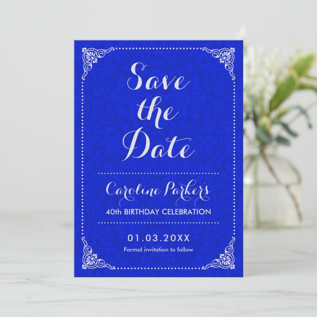 Save The Date Birthday - Silver Royal Blue Damask Invitation (Standing Front)