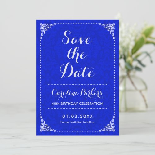 Save The Date Birthday _ Silver Royal Blue Damask Invitation