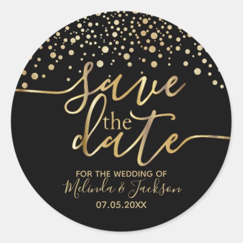Save the Date  Black and Gold Dot Classic Round Sticker