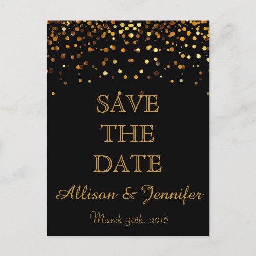 Save the date Black and Gold Glitter Faux Foil Announcement Postcard