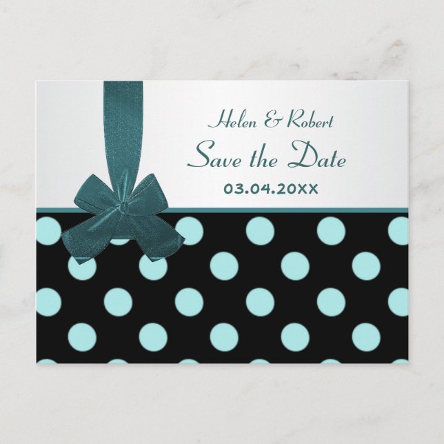Save the date black and teal polka dots Postcard (Front)