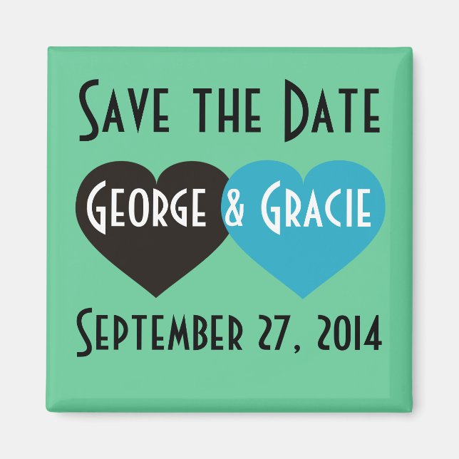 Save the Date Black and Turquoise Hearts Magnet (Front)