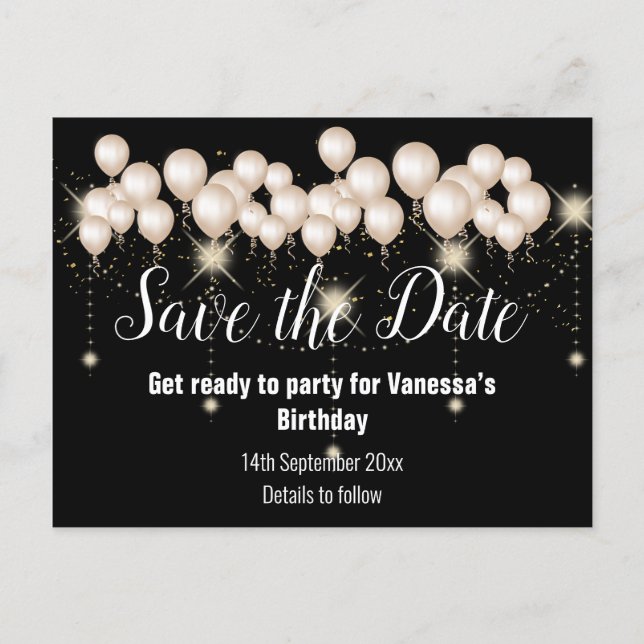 Save the Date Black Balloons Sparkle All Occassion Announcement Postcard (Front)