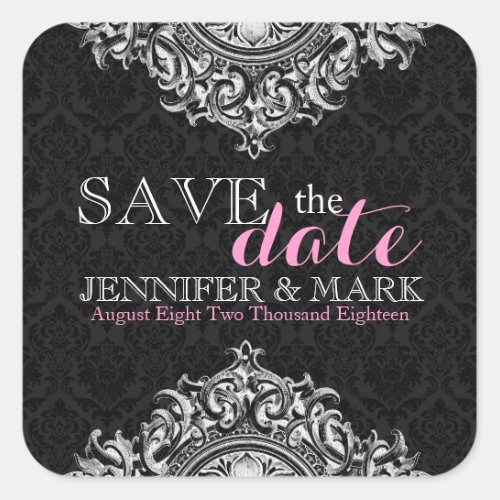 Save The Date Black Damasks  White Floral Lace Square Sticker