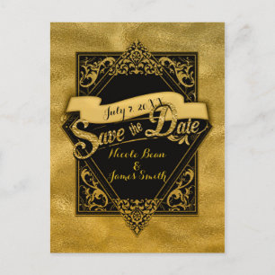 Save The Date Black & Faux Gold Elegant Engagement Postcard