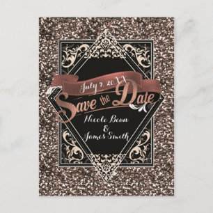 Save The Date Black & Faux Gold Glitter Engagement Postcard