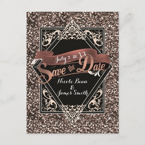 Save The Date Black  Faux Gold Glitter Engagement Postcard