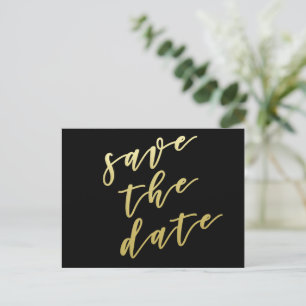 Save the date Black & Faux Gold Script Postcard