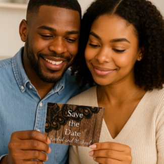 Save the Date Black Faux Lace and Wood