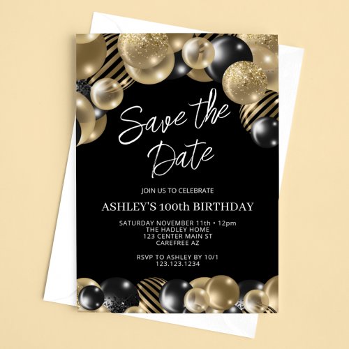 Save the Date Black Gold 100th Birthday Invitation