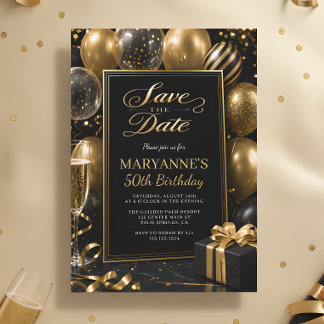 Save the Date Black Gold 50th Birthday Invitation