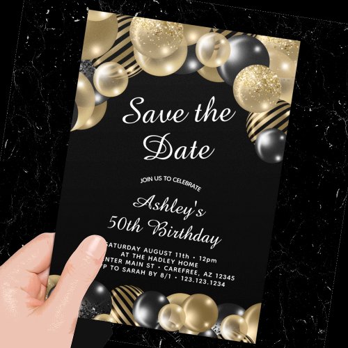 Save the Date Black Gold 50th Birthday Invitation