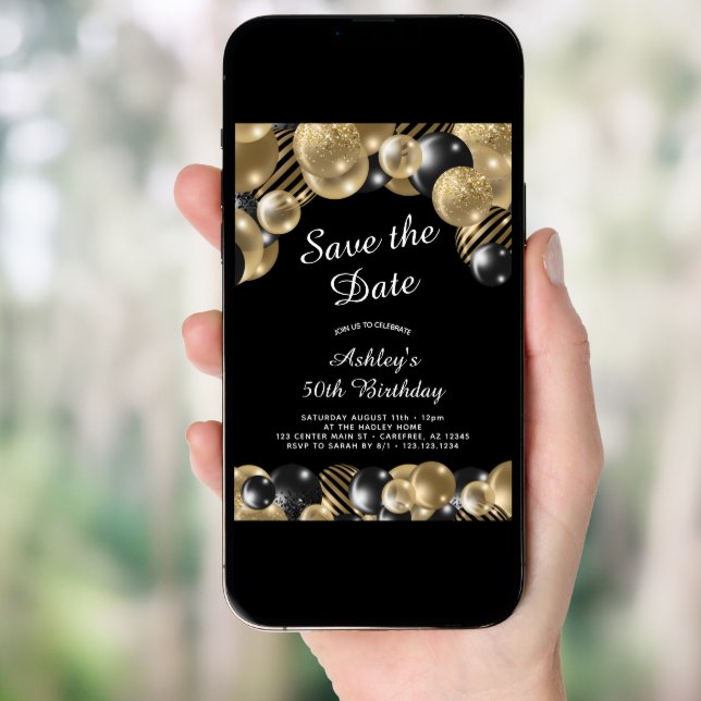 Save the Date Black Gold 50th Birthday Invitation (Front Digital)