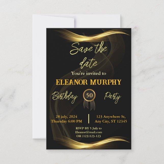 Save the Date Black Gold 50th Birthday Invitation (Front)