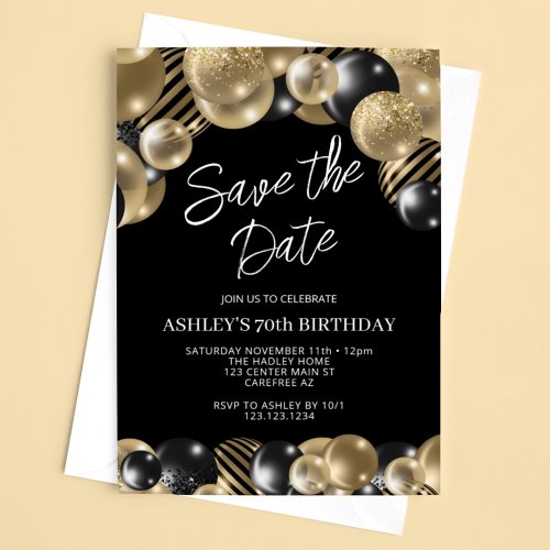 Save the Date Black Gold 70th Birthday Invitation