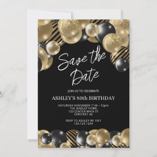 Save the Date Black Gold 80th Birthday Invitation