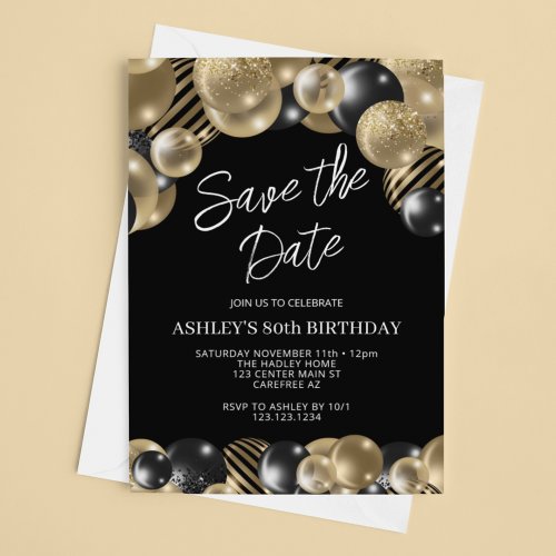 Save the Date Black Gold 80th Birthday Invitation