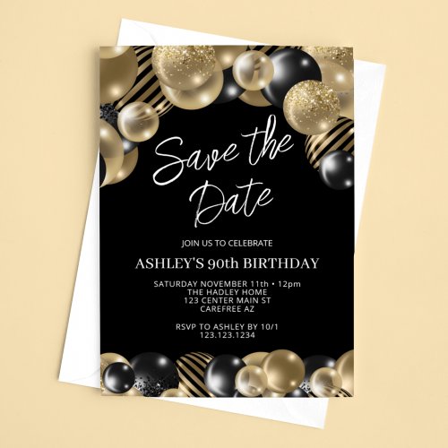 Save the Date Black Gold 90th Birthday Invitation