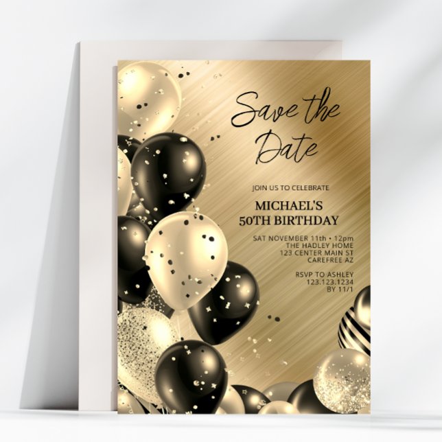 Save the Date Black Gold Men's 50th Birthday Invitation (Creator Uploaded)