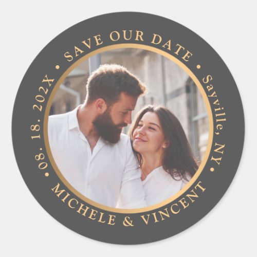 Save The Date Black Gold Photo  Classic Round Sticker