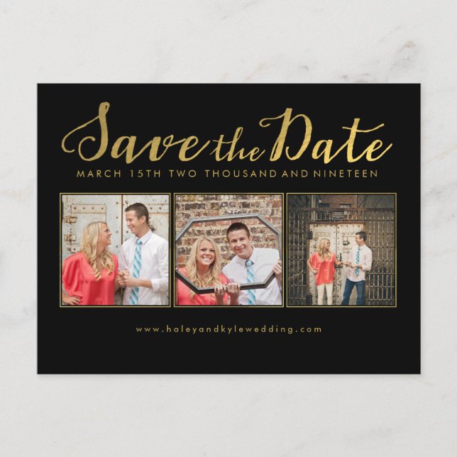 Save the Date Black Gold Script Photo cards (Front)