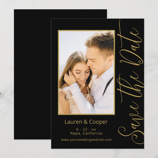 Save The Date Black Gold Stylish Modern Wedding (Front/Back)
