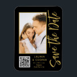 Save The Date Black Gold Stylish Modern Wedding Magnet<br><div class="desc">Save The Date Black Gold Stylish Script Modern Wedding Magnets features a black background with your custom photo. Personalize with your text by editing the text in the text boxes provided and add your website URL for your custom QR code. Designed for you by ©Evco Studio www.zazzle.com/store/evcostudio</div>