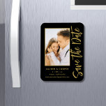 Save The Date Black Gold Stylish Modern Wedding Magnet<br><div class="desc">Save The Date Black Gold Stylish Script Modern Wedding Magnets features a black background with your custom photo. Personalize with your text by editing the text in the text boxes provided. Designed for you by ©Evco Studio www.zazzle.com/store/evcostudio</div>