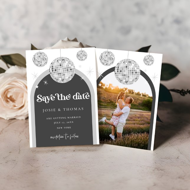 Save the Date Black Grey Retro Disco Groove photo Invitation (Creator Uploaded)