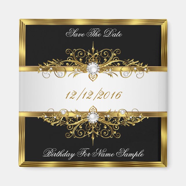 Save The Date Black Pearls White Gold Birthday Magnet (Front)