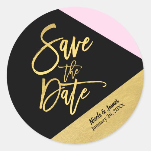 Save the Date Black Pink Gold Foil Modern Script Classic Round Sticker