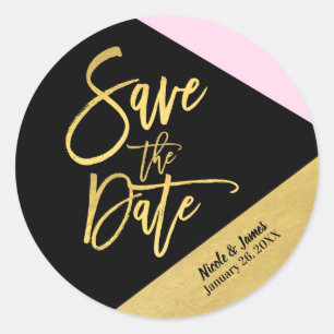 Save the Date Black Pink Gold Foil Modern Script Classic Round Sticker