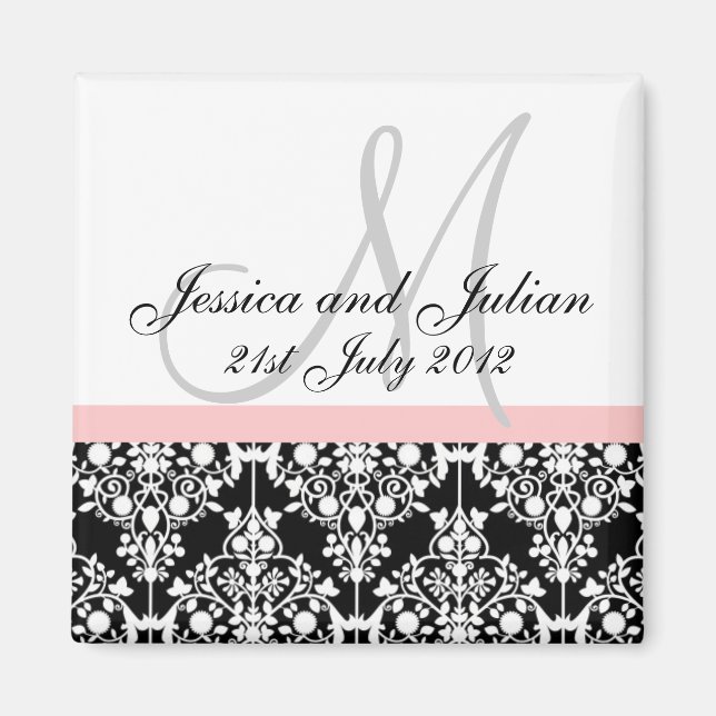 Save The Date Black/Pink Monogram Damask Trellis Magnet (Front)