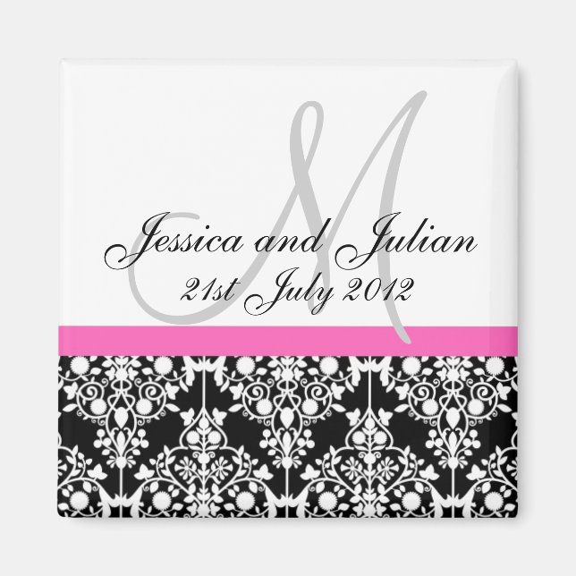 Save The Date Black/Pink Monogram Damask Trellis Magnet (Front)