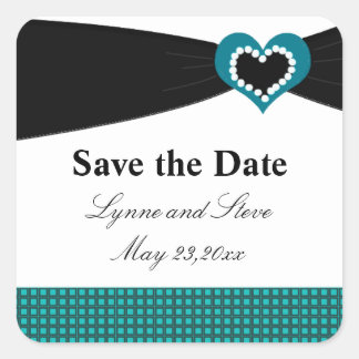 Save the Date Black Sash Teal Bow Square Sticker