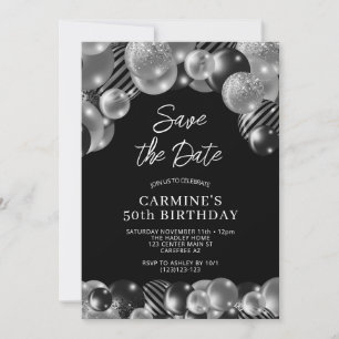 Save the Date Black Silver 50th Birthday Invitation
