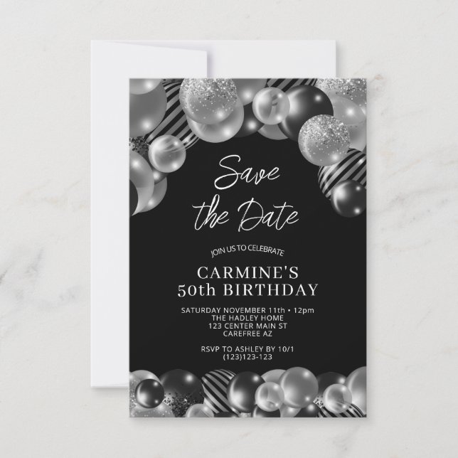 Save the Date Black Silver 50th Birthday Invitation (Front)