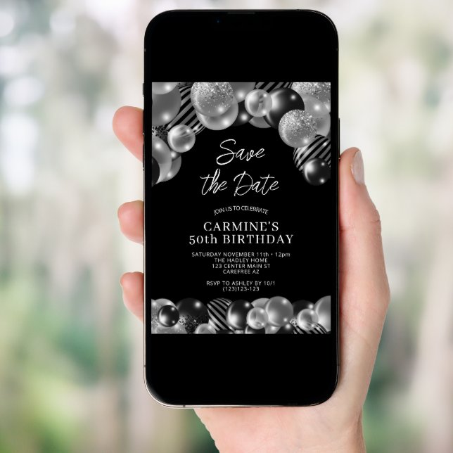 Save the Date Black Silver 50th Birthday Invitation (Front Digital)