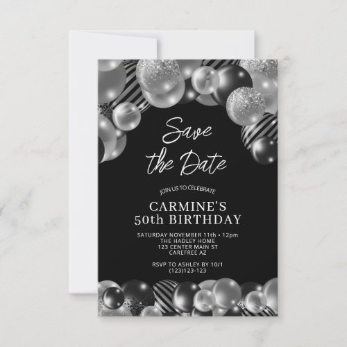 Save the Date Black Silver 50th Birthday Invitation